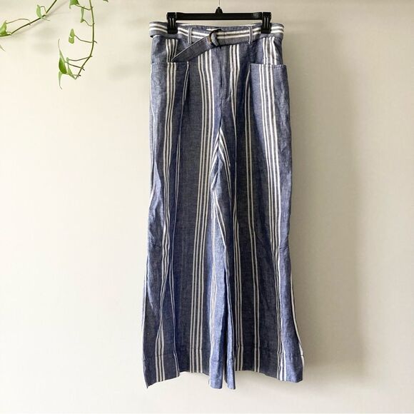 Anthropologie Wide Leg Pants Womens Size 6P Blue Stripe Linen Cotton Blend - Picture 2 of 7